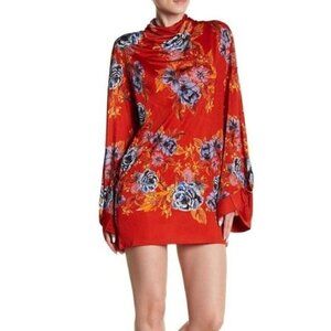 NEW Free People 2AM Long Sleeve Mini Dress Size Small Red Orange Floral Print